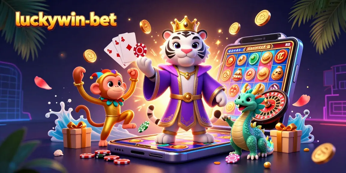 Experience thrilling gaming with luckywin-bet, featuring a playful monkey, elegant tiger, and vibrant casino elements.