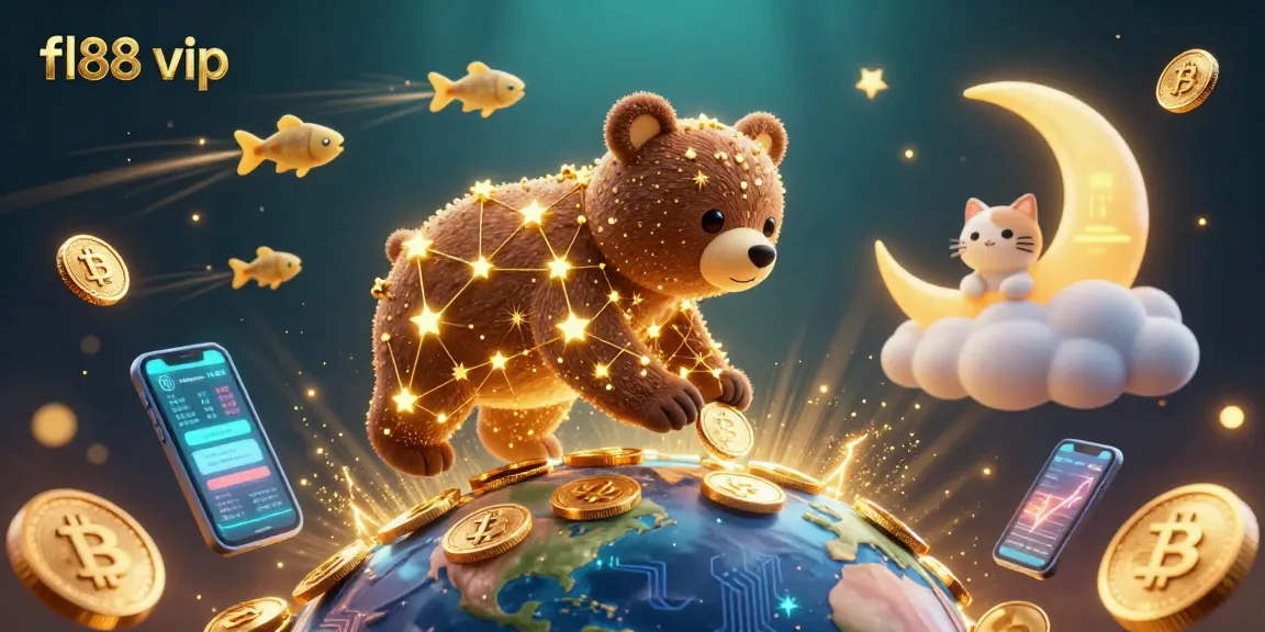 Experience the fl88 vip adventure with a cosmic bear collecting coins in this vibrant gambling illustration.