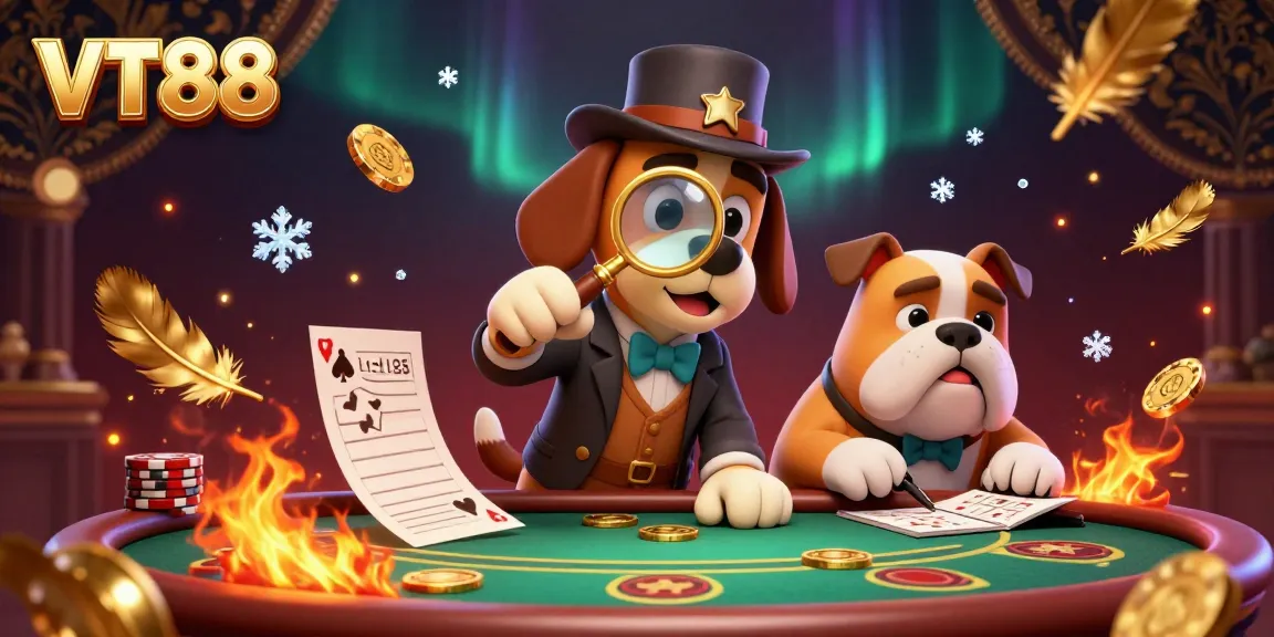 Join the detective duo as they examine golden poker chips in VT88's thrilling casino scene.