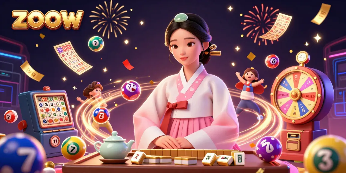 The lively scene showcases gambling excitement with lottery balls and a serene character at zoow.