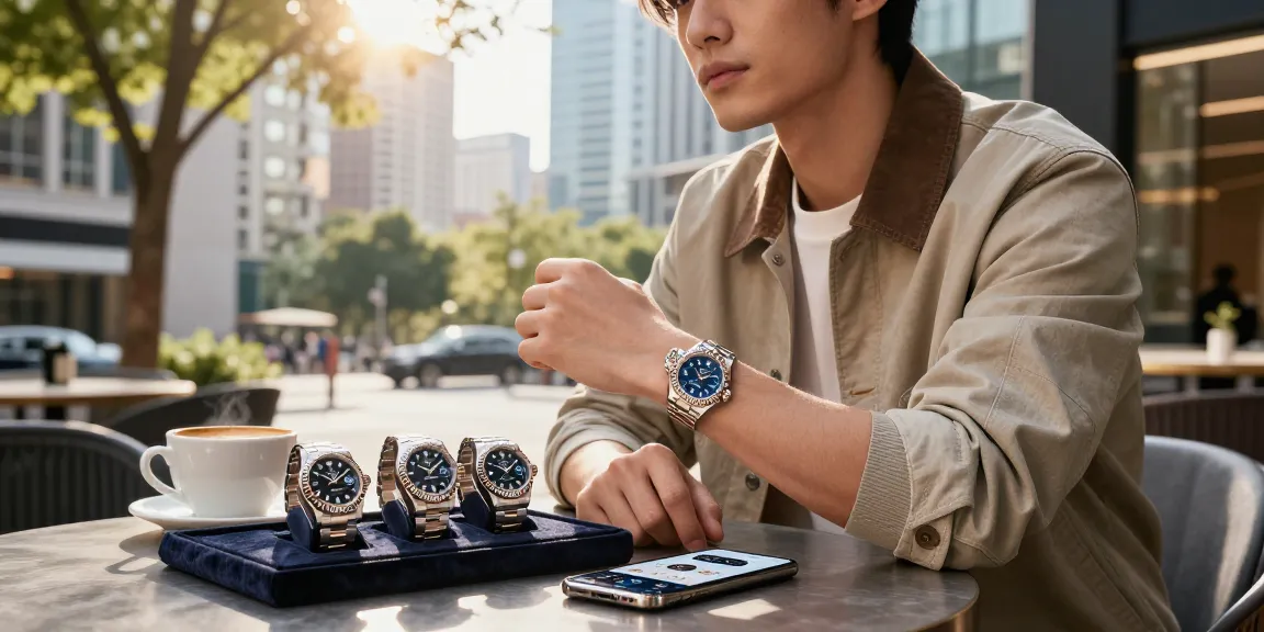 Captivating lifestyle moment featuring rolex super clone watches elegantly displayed in an urban café setting.