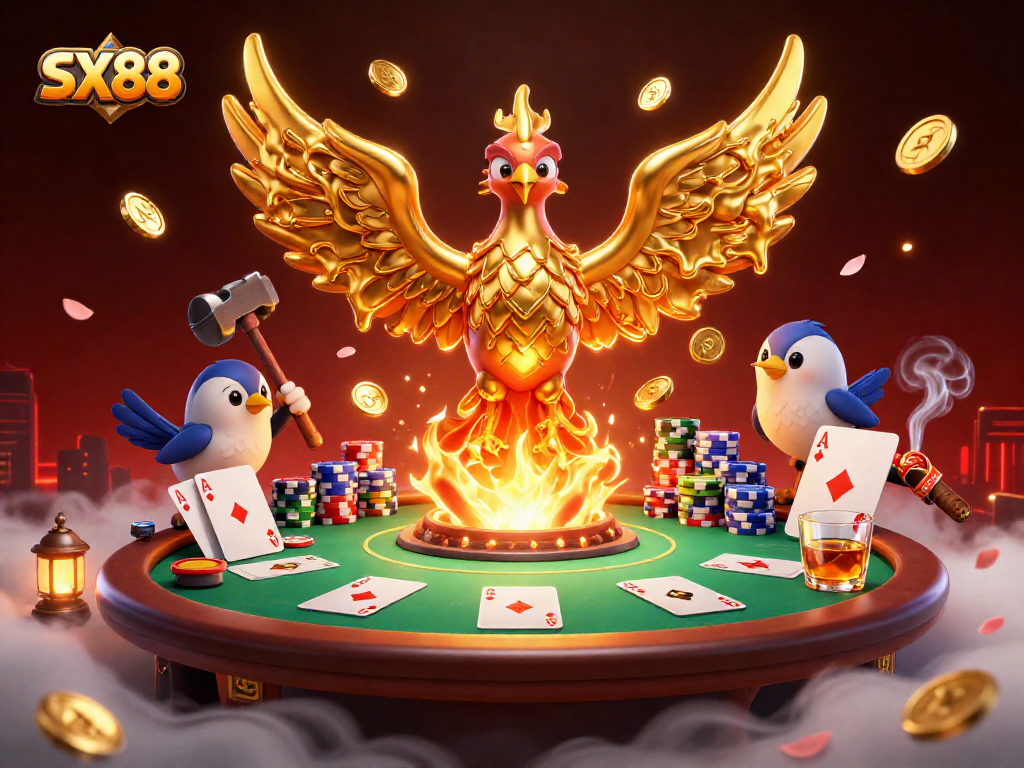 SX88 presents a golden phoenix in molten metal surrounded by vibrant poker elements for an immersive gaming experience.