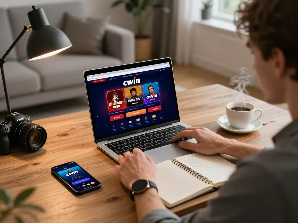 Cwin user engaged in online casino gaming at home, showcasing laptop and app interface.