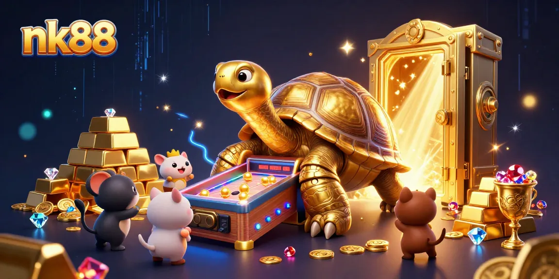 Engage with lively slots at nk88, featuring a golden tortoise pinball machine illustration with vibrant game elements.