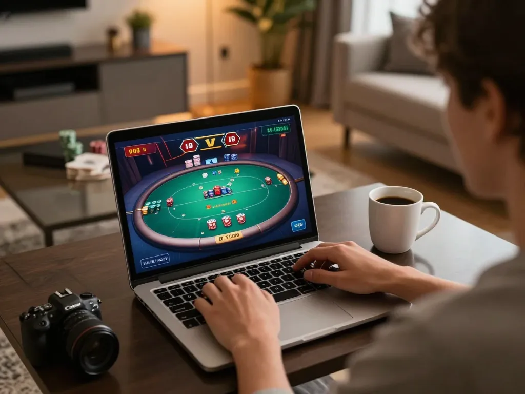 Engaged player focuses on online poker at https://lc88pro.com in a stylish living room setting.