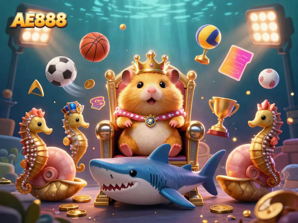 Experience AE888's unique casino adventure with a golden hamster king and gaming elements.