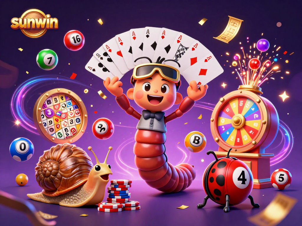The sunwin casino features a lively scene with a cartoon millipede dealer expertly showcasing a colorful array of lottery themes.