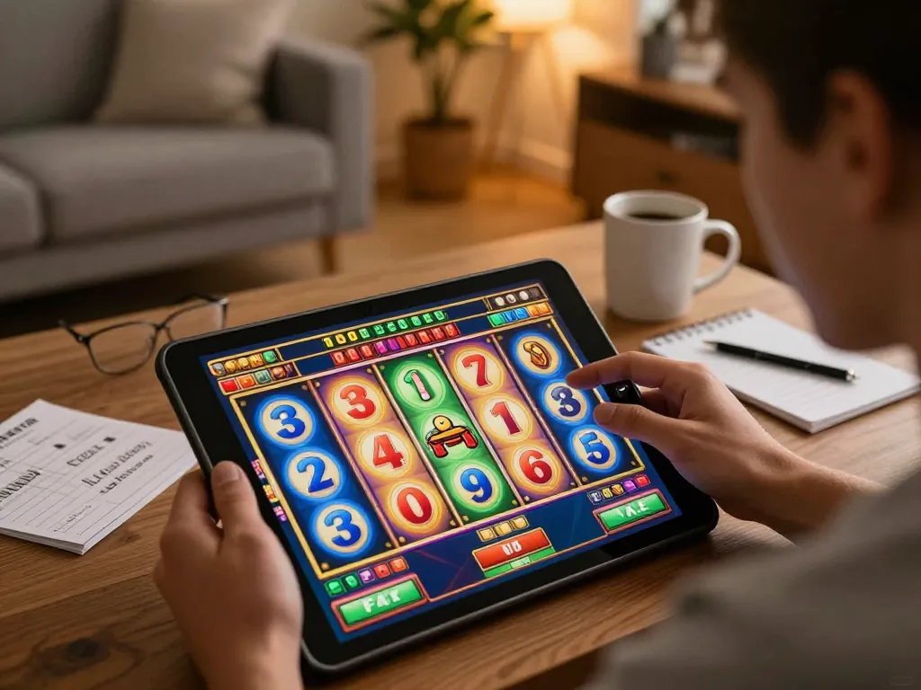 Kwin user spinning reels on tablet during a cozy home gaming session.