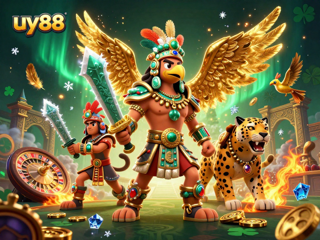 Experience the gaming thrill at uy88 with Aztec warriors amidst a casino scene filled with shimmering coins and game elements.