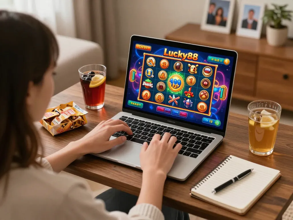 Engaging with Lucky88 online slot game on a cozy sofa with snacks and drinks