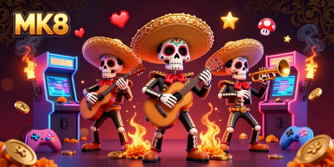 Experience gameplay in MK8's vibrant casino scene filled with mariachi skeletons and arcade elements.