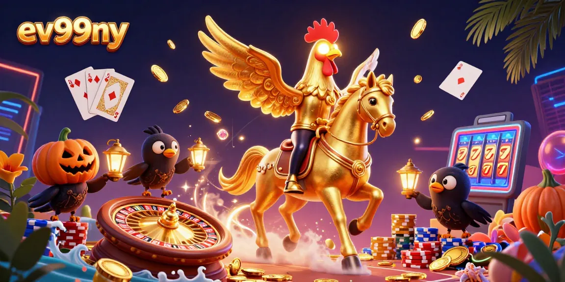 Experience the excitement of ev99ny with a golden rooster riding a spectral horse in a vibrant casino.