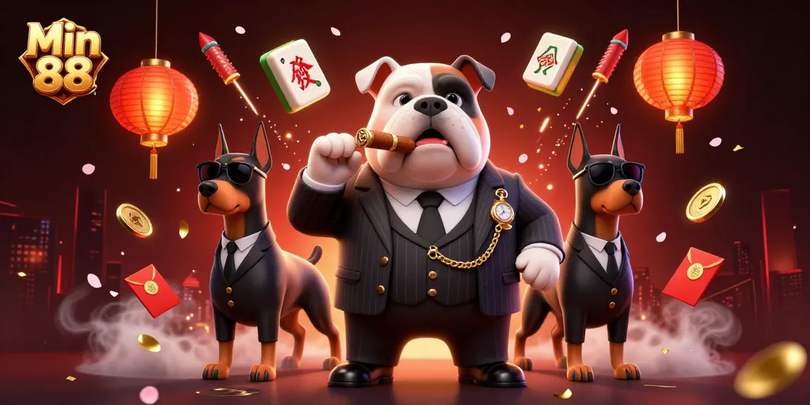 Min 88 showcases an engaging scene with a mafia bulldog and Doberman bodyguards surrounded by vibrant casino elements.