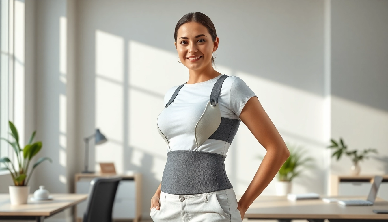 Model demonstrating the posture garment in a modern office environment, radiating confidence and comfort.
