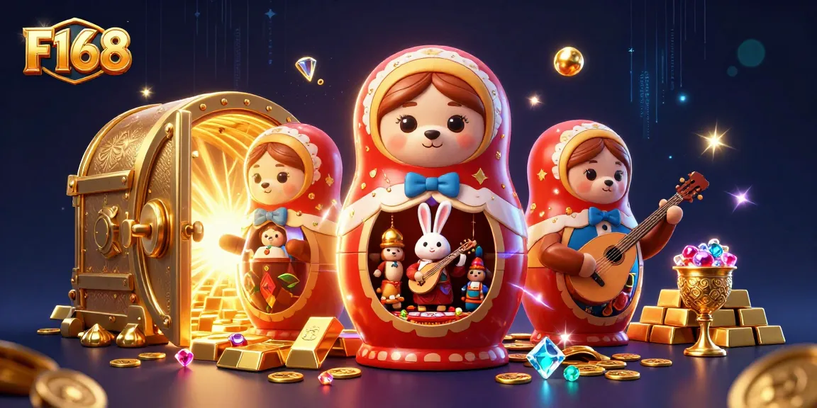 Experience F168 with a vibrant 3D illustration of themed bears and treasure, enhancing your gaming adventure.