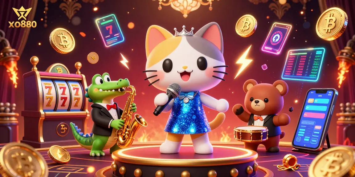 Experience the thrill of gaming at xo880 with a jazz-singer cat, vibrant slots, and crypto elements.