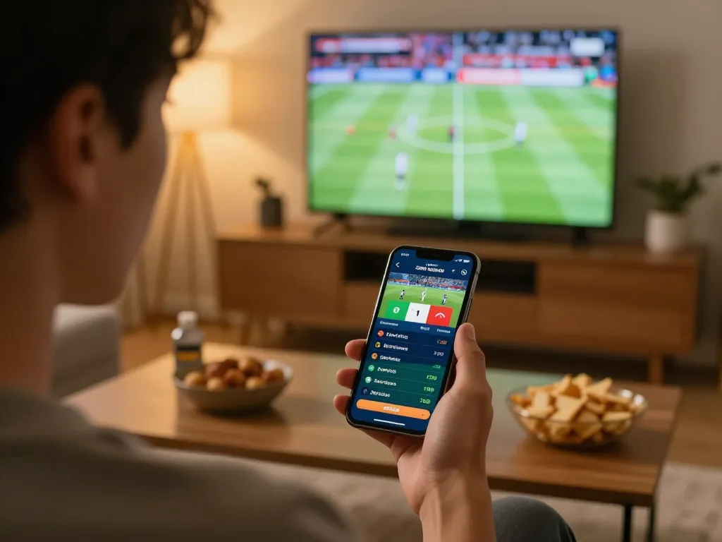 Sports betting enthusiast checking live odds on a taruhan situs parlay app during 2026 World Cup.