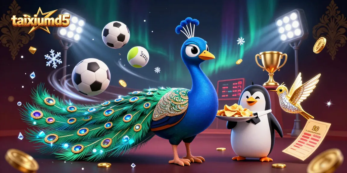 Bet on taixiumd5 while enjoying a dynamic scene of gambling fun with a peacock and sports elements.