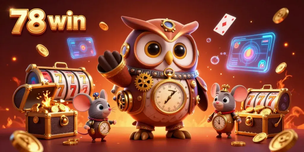 Experience 78 win with dynamic casino elements featuring a steampunk owl and winning slots.