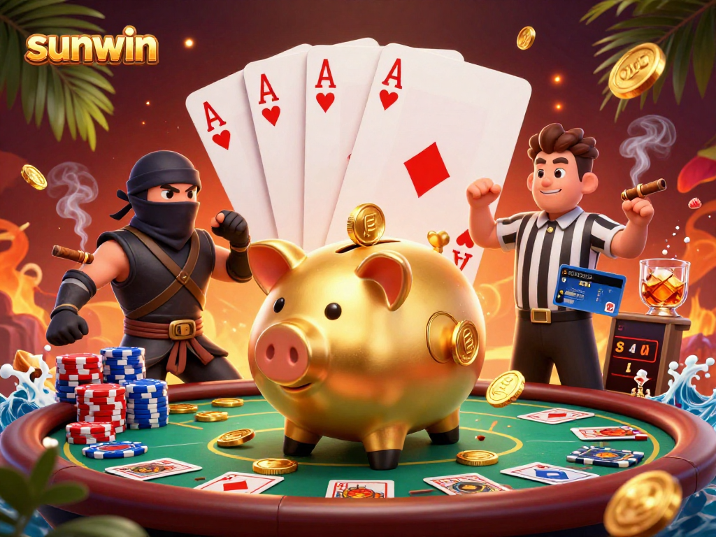 Engage with sunwin's thrilling casino scene featuring vibrant characters and poker elements.