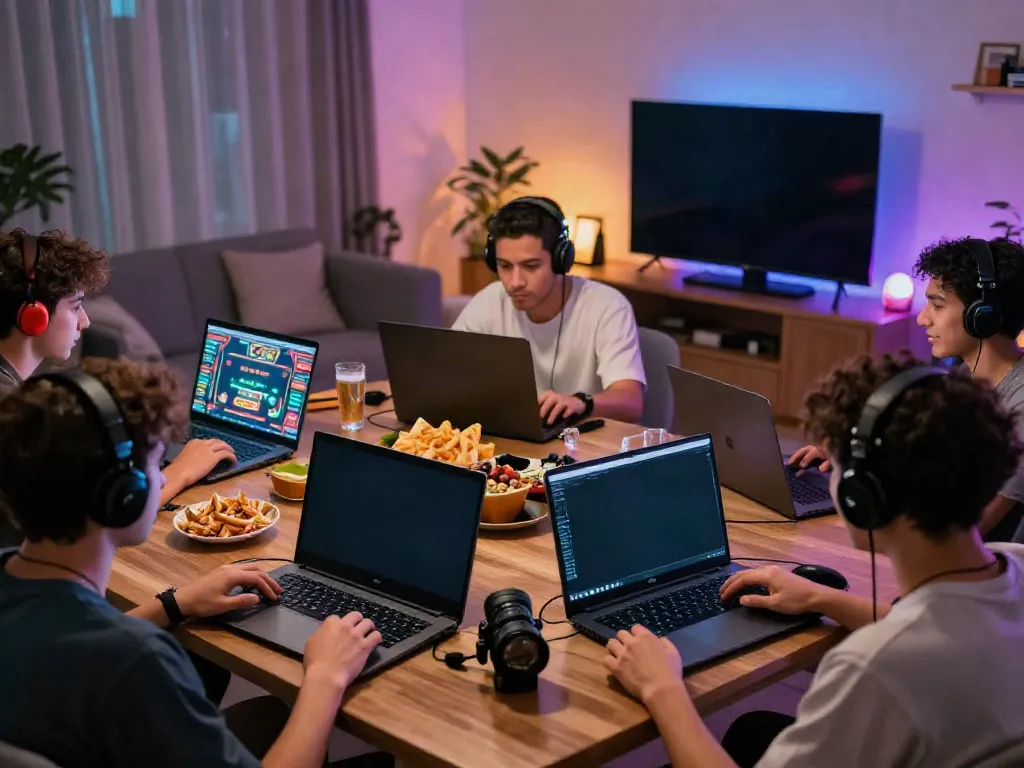Exciting scene of diverse players enjoying online 9bet gaming in a vibrant living room.