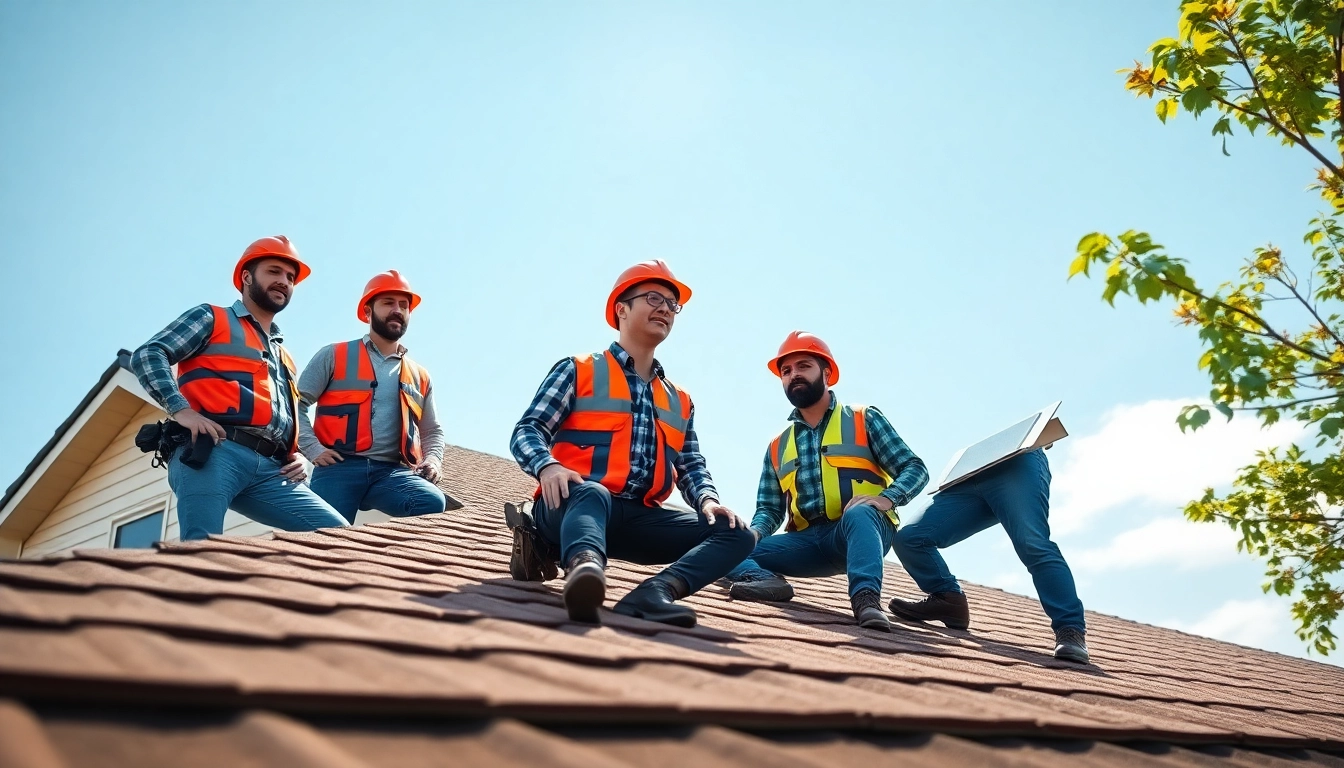 Roofing company experts inspecting a house, showcasing professionalism and teamwork.
