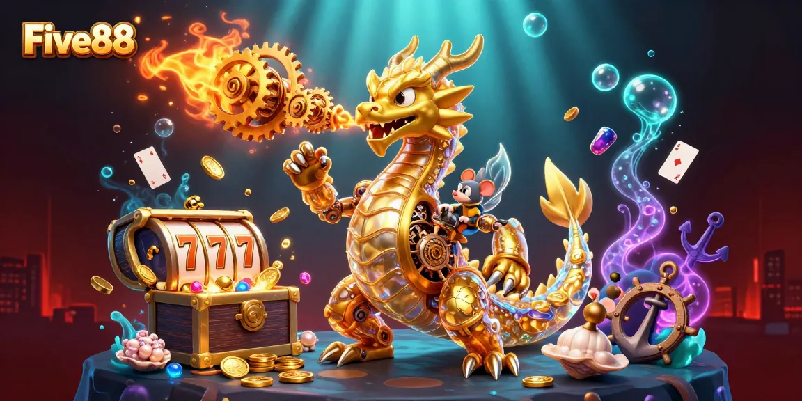 Experience intense gaming action with Five88, where a golden dragon and casino elements create a thrilling atmosphere.