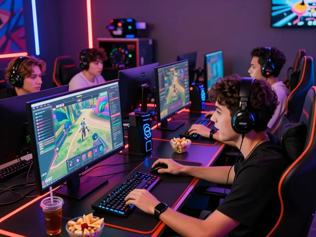 Exciting online gaming experience at EE88, friends engaged in thrilling gambling activities with vibrant setup.