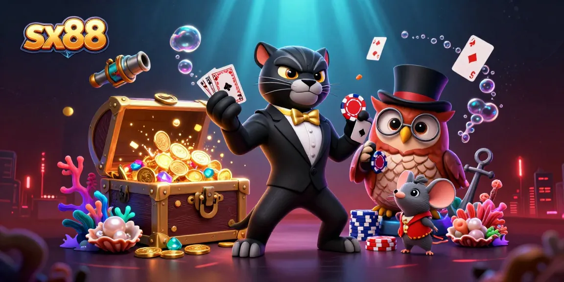 SX88 players enjoy a lively casino scene with a stylish black panther dealer amid vibrant casino elements.