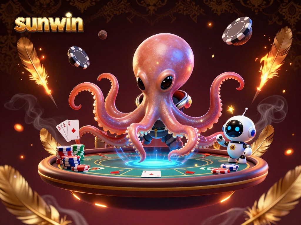 Experience thrilling poker action with sunwin’s alien octopus and robot in a vibrant cosmic scene!
