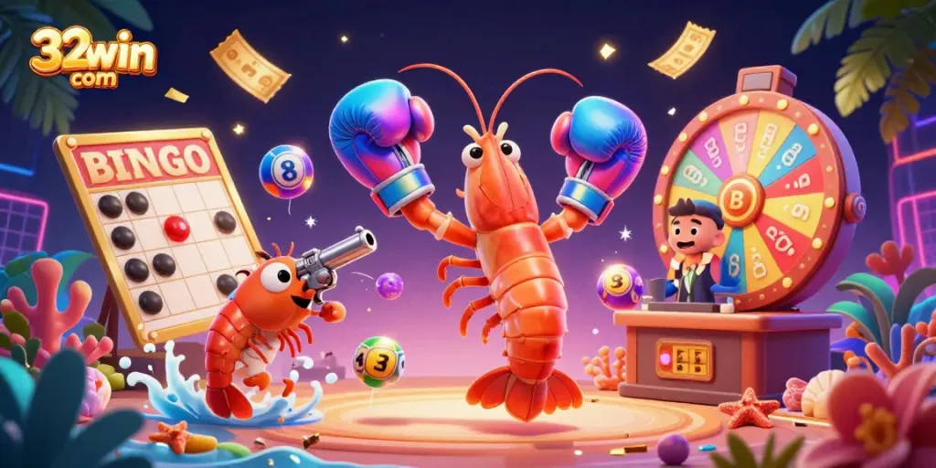Engaging scene featuring 32win com with dynamic lottery elements and vibrant characters in a 3D casino setting.