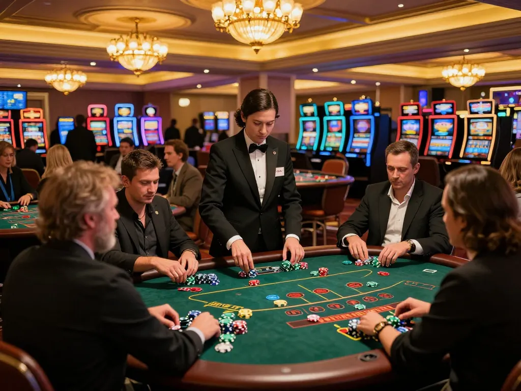 Players at a bustling blackjack table engaged in strategy and excitement at Sun Win Casino.
