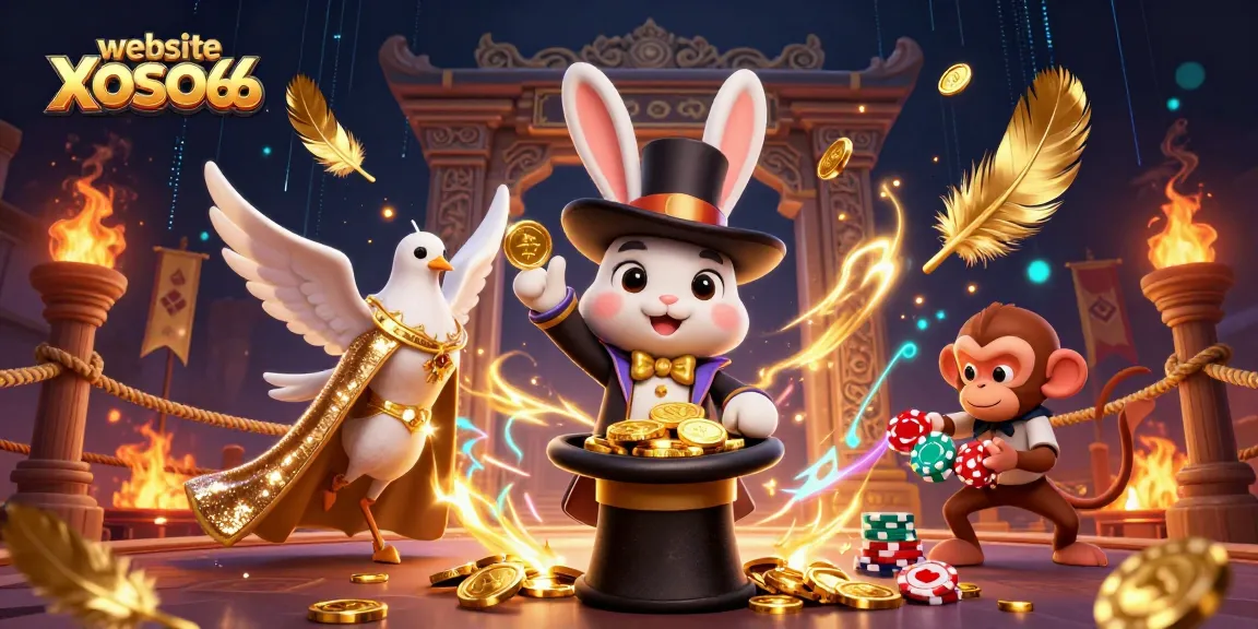 Experience the thrills of website XOSO66 as the magician, dove, and monkey animate the casino scene.