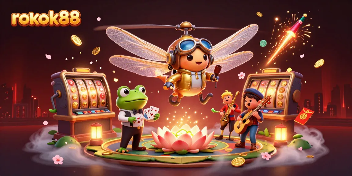 Experience the excitement of rokok88 as a dragonfly pilot hovers over a vibrant casino scene.