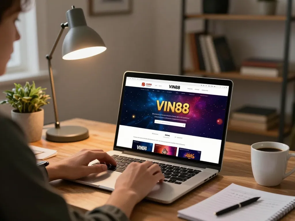 Engaging in VIN88 online gaming from a cozy setup with strategy notes on table