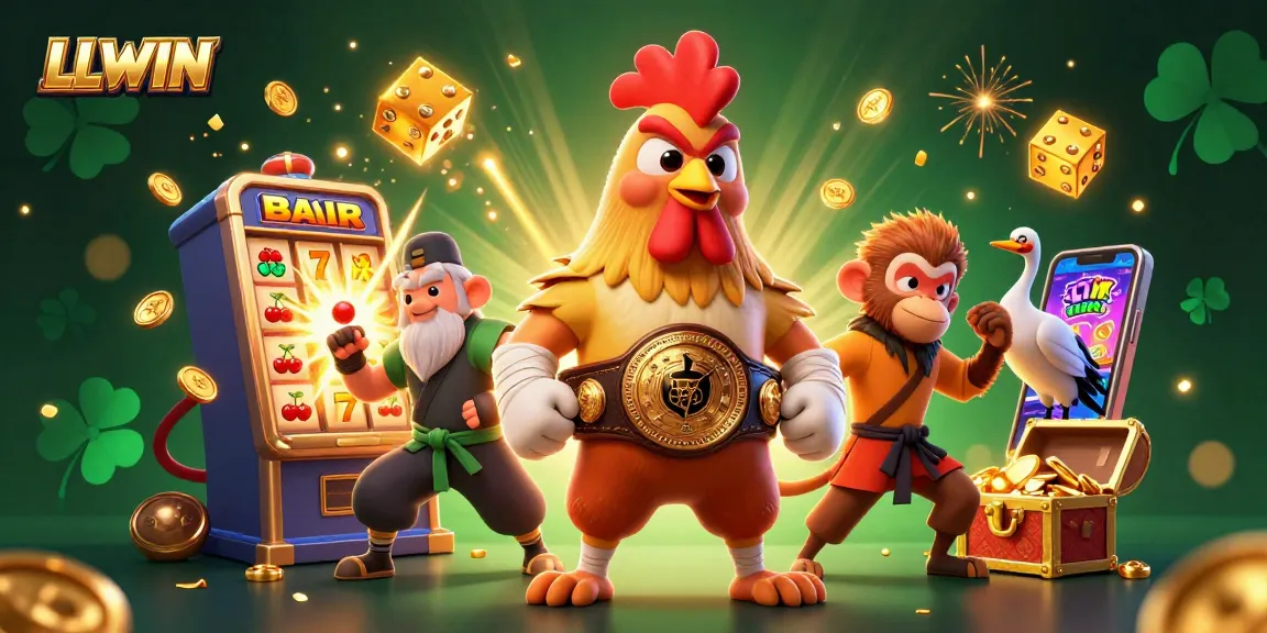 LLWIN showcases fierce characters alongside slot machines in dynamic gaming action.
