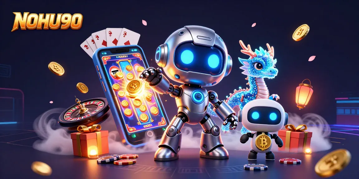 NOHU90 offers thrilling gameplay with cartoon robot mascot, bitcoin dragon, and vibrant casino elements.