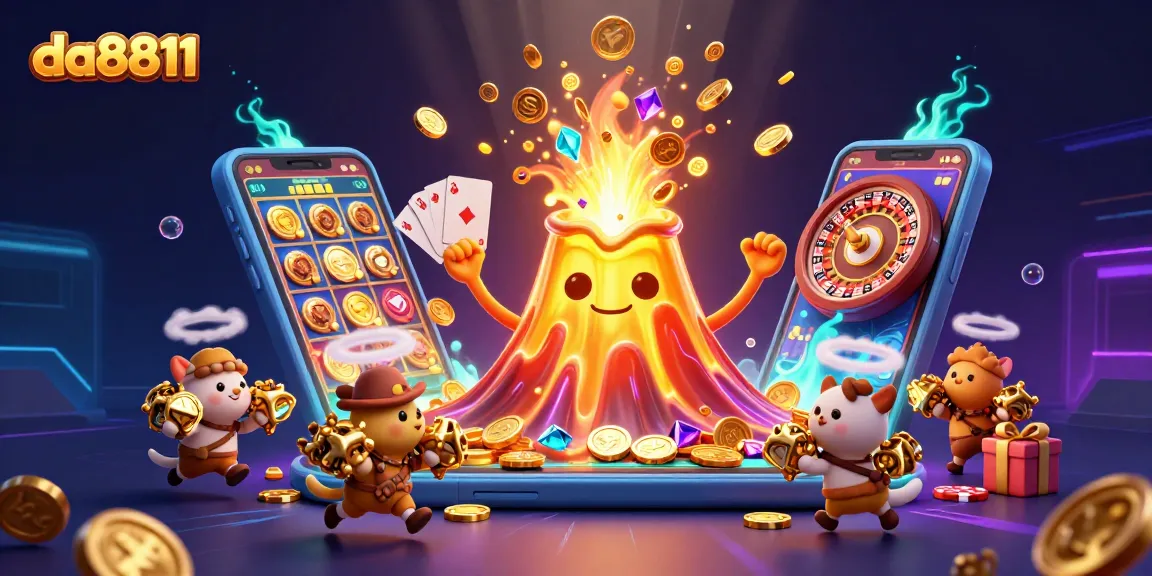 Engage with da8811's exciting casino scene featuring a golden volcano erupting coins amidst a vibrant gaming atmosphere.