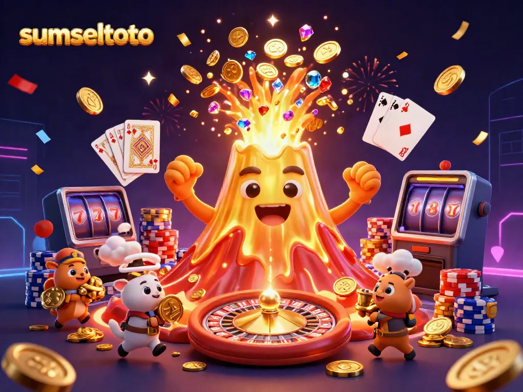Experience the thrill of gambling with sumseltoto featuring a cartoon volcano erupting coins and treasures.