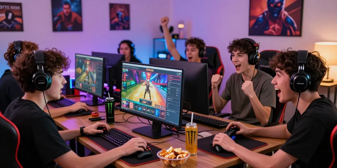 ZONA66 gaming scene with players engaging passionately at a computer, showcasing interactive gaming elements and excitement.