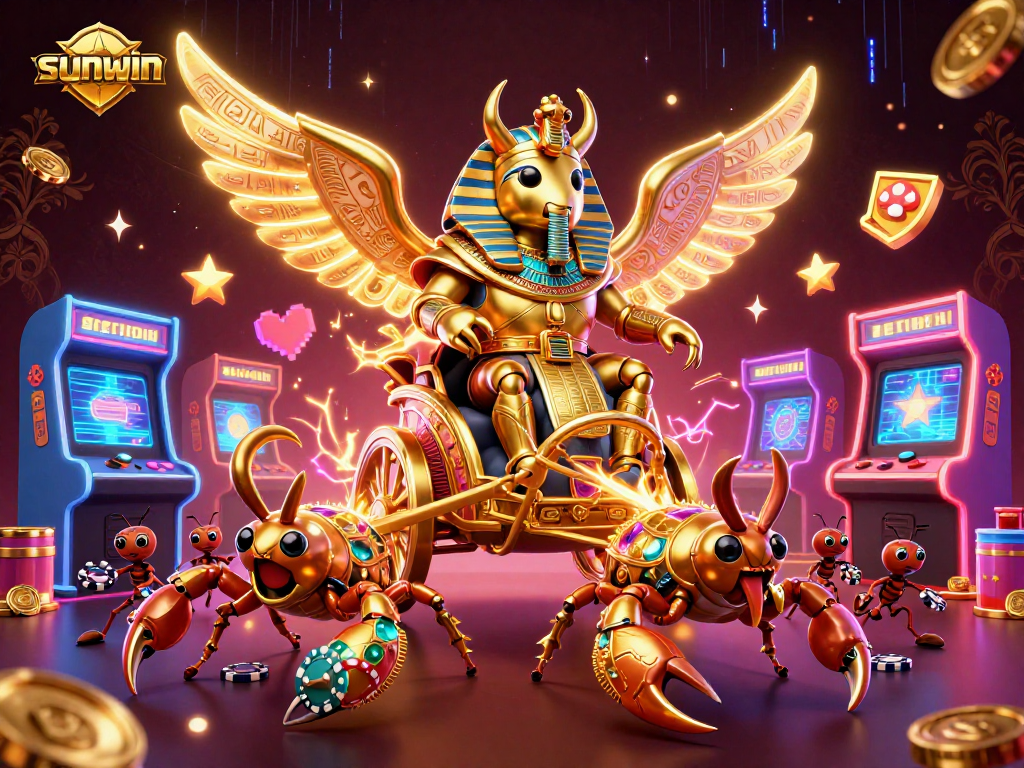 Win big with sunwin, featuring a vibrant casino scene of a golden scarab beetle and jewel-encrusted scorpions.