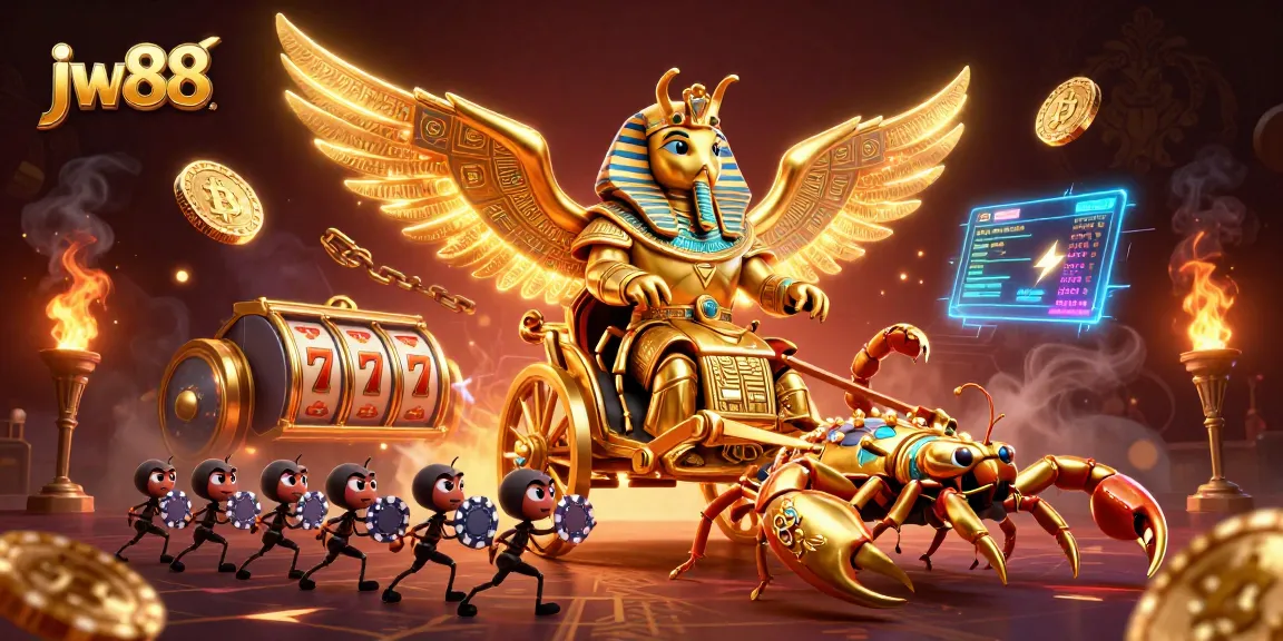 Win big with jw88 in this vibrant casino scene featuring a colossal golden scarab and dynamic game elements.