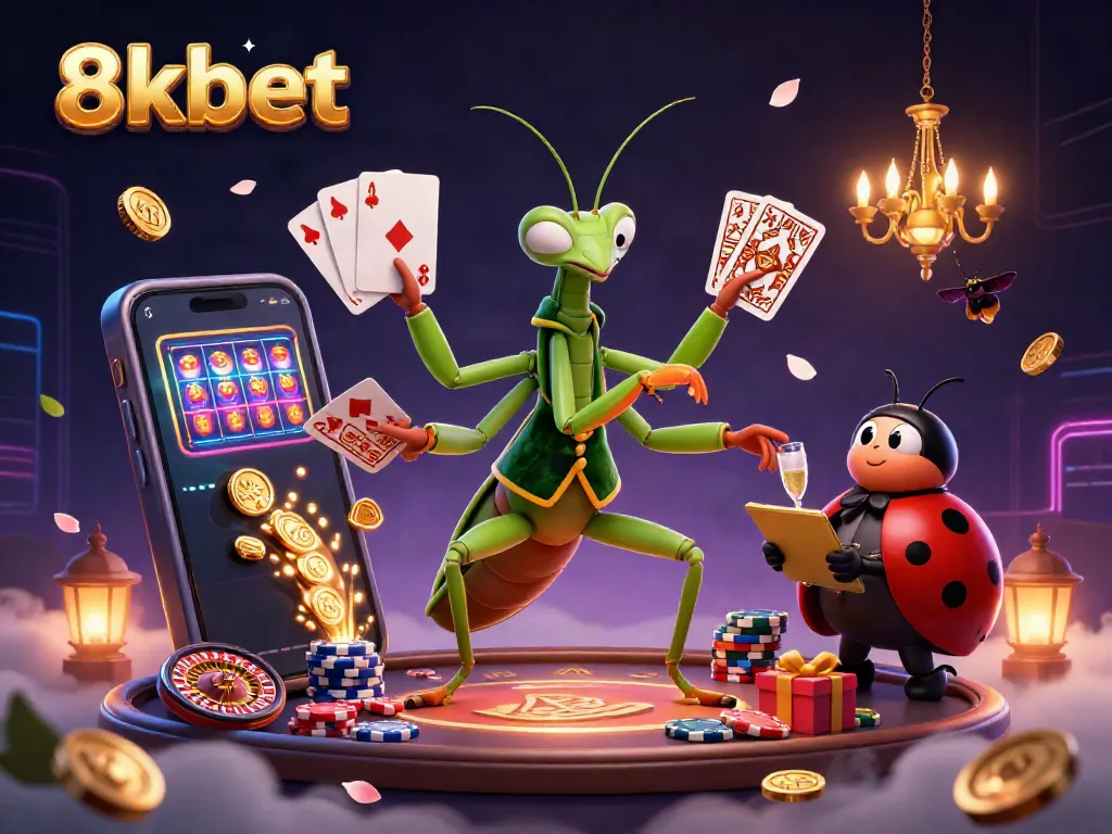 Experience 8xbet's thrilling casino scene with a giant mantis card sharp and ladybug pit boss.