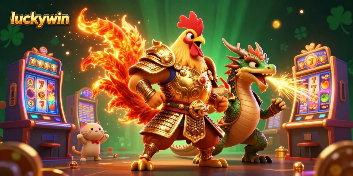 Experience thrilling gameplay at luckywin with a fighting rooster and dragon amidst vibrant slot machines.