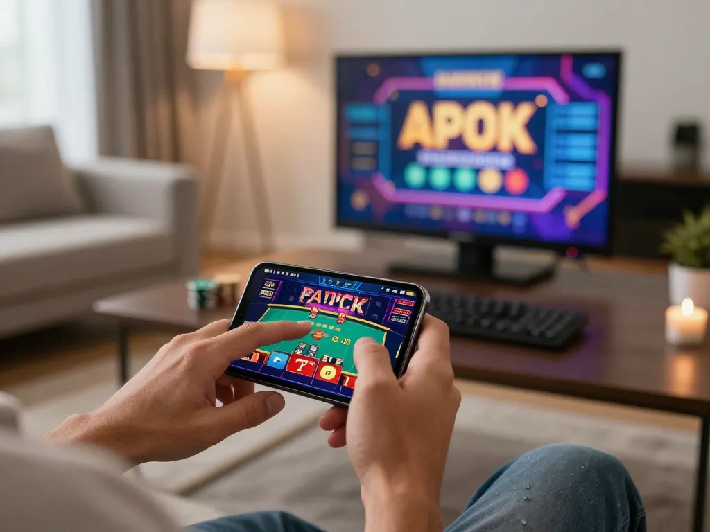 Engaged in online gaming with TR88 app on smartphone in a luxurious home environment.