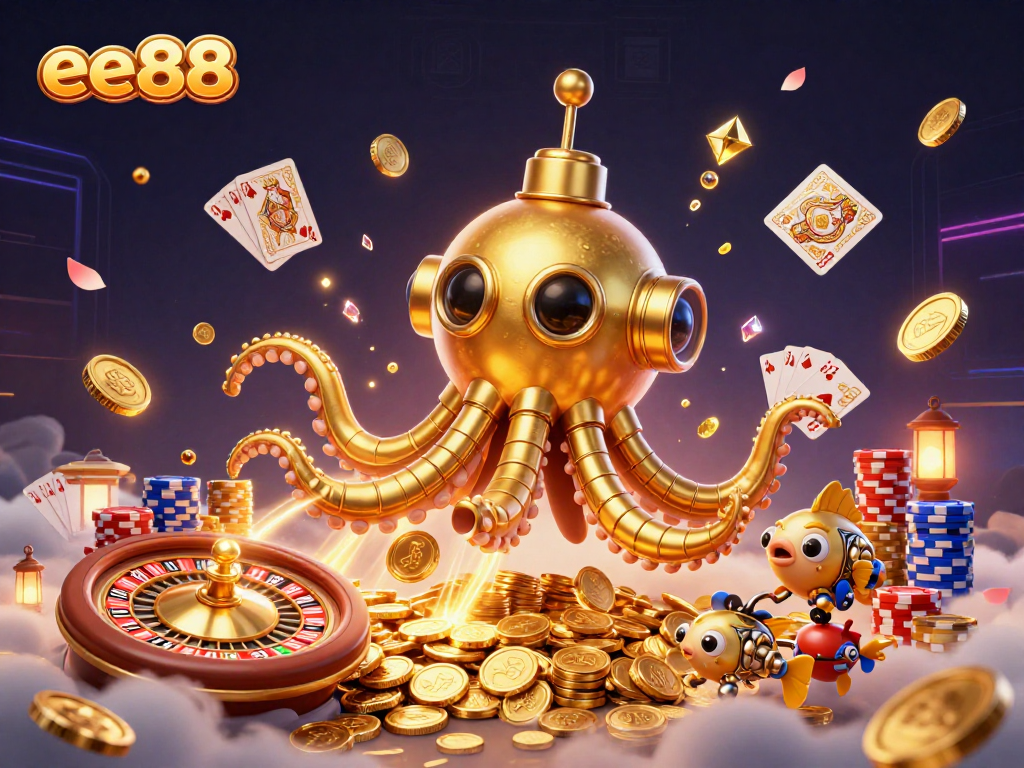 Engage with ee88's thrilling casino experience, featuring a golden kraken submarine amidst colorful treasures.