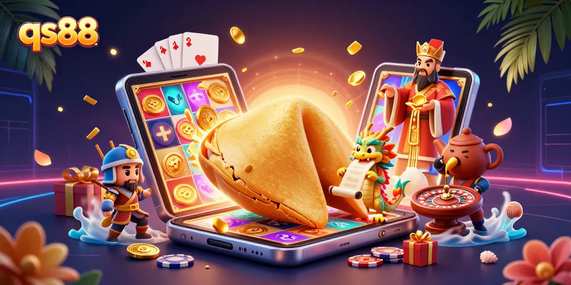 Experience the excitement of qs88 with a dynamic 3D casino scene showcasing colorful slots and golden fortune elements.