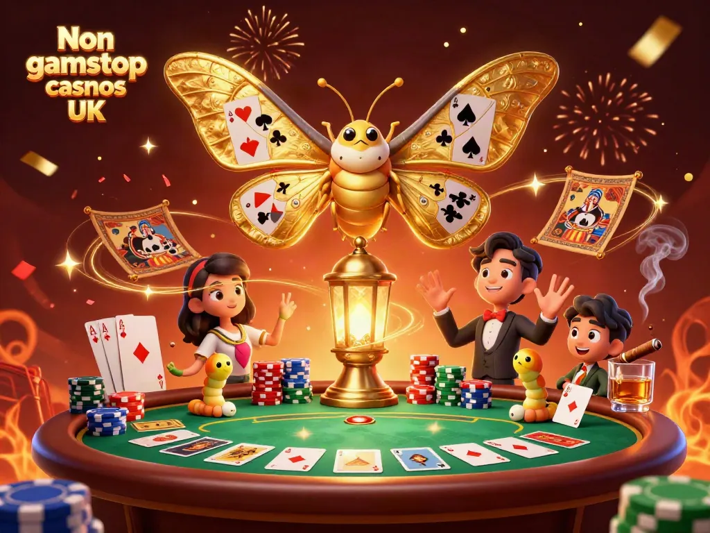 Engage with the vibrant world of Non gamstop casinos UK featuring a golden moth and casino elements.