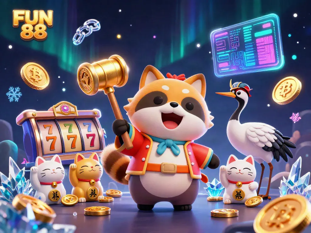 Experience FUN 88 with cheerful tanuki celebrating a lucky time at the casino, surrounded by vibrant game elements.