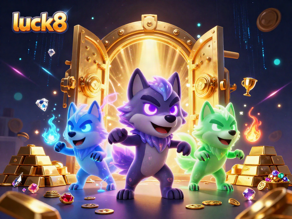 Engage with luck8's vibrant online casino experience through a dazzling 3D illustration of a shadow wolf and treasures.
